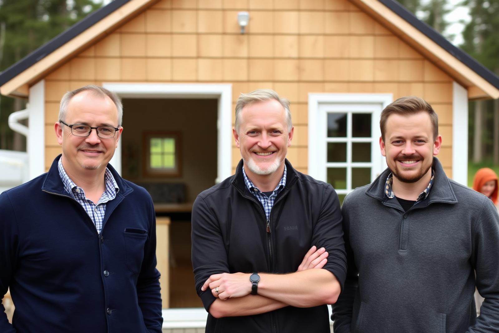 Teamet bakom THN AB – Adam, Łukasz och Arne framför ett nyckelfärdigt tiny hus i Sverige